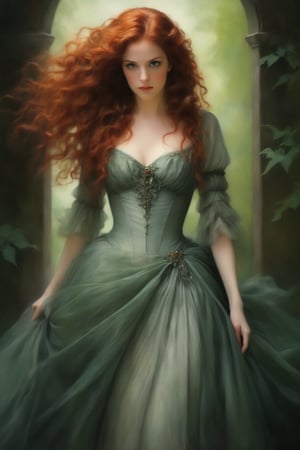 Vampiress, Queen of Dracula, Bridgerton style, Regency era in England translucent and iridescent green gown, Elena, long curly red hair, pale skin, curvey build and golden brown eyes, insanely detailed matte painting with rough paint strokes and textures, a painting of an red haired woman, by John Howe, Alan Lee, Boris Vallejo, Julie Bell, Todd Lockwood