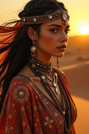 (((Highres:1.5))) (((UHD:1.5))) Capture the mesmerizing beauty of a mystical wanderer at sunset, her silhouette gracing the vast, orange-hued desert horizon. She dons a majestic, flowing robe adorned with cosmic patterns and intricate golden embroidery, shimmering with each movement. Her hair, a blend of ebony and gold, is intricately styled with braids and beads, adding to her ethereal aura. This portrait is accentuated with an array of bohemian jewelry, featuring layered necklaces, cascading chains, and luminous gemstones that reflect the dying light. Her striking gaze, framed by dramatic, winged eyeliner and a gaze as deep as the ocean, captivates the viewer, drawing them into a story woven from the threads of fantasy and reality. This image perfectly encapsulates a blend of tribal and modern elegance against a backdrop of a breathtakingly painted sky and the gentle whisper of the wind.