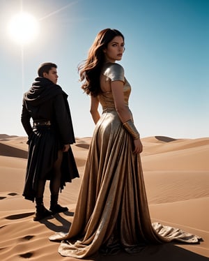 Step into the cinematic allure of Arrakis with an epic movie poster-style portrait featuring a formidable female warrior. The backdrop of endless sand dunes is illuminated by the twin suns, casting an atmospheric glow that wraps around the scene. The central focus is the silhouette of a desert warrior, dressed in intricate armor, her back to the audience. Her mysterious gaze is directed into the horizon, a symbol of strength and enigma against the harsh beauty of Dune. Her hair is tousled by the winds, adding a dynamic flair to the image. Dramatic lighting highlights the details of her battle-worn attire and the gleaming crysknife at her side. Embrace the enigma and strength of this desert warrior in a visually captivating Dune-inspired movie poster.