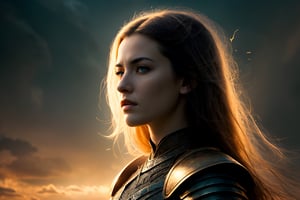 an epic movie poster-style portrait featuring a formidable female warrior. long flowing hair, The backdrop of a castle, casting an atmospheric glow that wraps around the scene. The central focus is the silhouette of a warrior, dressed in intricate armor, facing the audience. Her mysterious gaze is directed into the horizon, a symbol of strength and enigma. Her hair is tousled by the winds, adding a dynamic flair to the image. Dramatic lighting highlights the details of her battle-worn attire. Embrace the enigma and strength of this warrior in a visually captivating fantasy-inspired movie poster., 