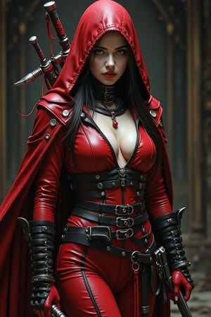 A stunning and dramatic ultra-realistic portrait of a hooded, beautiful woman dressed in a form-fitting red costume with leather accents, her face partially obscured by the hood. Her intense, piercing eyes and determined expression exude power and mystery. Wielding an array of weapons and accessories, she commands attention and respect. The background is shrouded in a moody, atmospheric setting, creating a sense of tension and intrigue. This captivating image blends elements of fantasy, action, and gothic aesthetics, reminiscent of the styles of renowned artists Artgerm, Greg Rutkowski, and Alphonse Mucha. The highly detailed digital painting showcases smooth and sharp focus, elegant and powerful design elements, and evokes a powerful, enigmatic presence., photo, cinematic, illustration