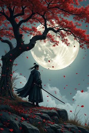 A cinematic medium shot of a Japanese-inspired fantasy scene. A lone samurai, silhouetted against a massive full moon, stands beneath a windswept, crimson-leafed tree. Falling petals swirl around him, creating a melancholic yet serene atmosphere. The dramatic chiaroscuro lighting highlights the dramatic contrast between the cool-toned background of deep blues and grays and the warm reds of the foliage. The detailed rendering of the samurai's clothing and the tree's branches, along with the textured brushstrokes, windswept effect on the leaves and the samurai's robe, evoke a sense of depth and isolation. This captivating scene is reminiscent of Yoshitaka Amano's work, with the dramatic lighting of Ivan Shishkin.