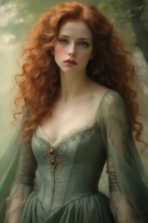 Vampiress, Queen of Dracula, Bridgerton style, Regency era in England translucent and iridescent green gown, Elena, long curly red hair, pale skin, curvey build and golden brown eyes, insanely detailed matte painting with rough paint strokes and textures, a painting of an red haired woman, by John Howe, Alan Lee, Boris Vallejo, Julie Bell, Todd Lockwood