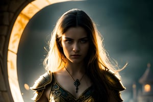 an epic movie poster-style portrait featuring a formidable female warrior. long flowing hair, The backdrop of a castle, casting an atmospheric glow that wraps around the scene. The central focus is the silhouette of a warrior, dressed in intricate armor, facing the audience. Her mysterious gaze is directed into the horizon, a symbol of strength and enigma. Her hair is tousled by the winds, adding a dynamic flair to the image. Dramatic lighting highlights the details of her battle-worn attire. Embrace the enigma and strength of this warrior in a visually captivating fantasy-inspired movie poster., 