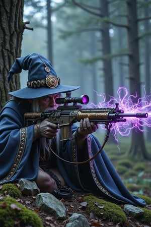 A photo of Gandalf the wizard as a rifleman sniper. He is lying prone on a rocky terrain and aiming a magical steampunk clockwork sniper rifle. The rifle has intricate gears and mechanisms, and it is glowing with ethereal purple and green electricity magic. There are dynamic swirls of arcane energy surrounding the barrel of the rifle. The background contains a misty forest with tall trees. The overall image has a dark romanticism style, with atmospheric shadows. The image is stylized like fantastical realism and has elaborate details, intricate line work, and luminous effects. The textures are crisp, and there is a high contrast between light and shadow. The setting is a twilight scene.
