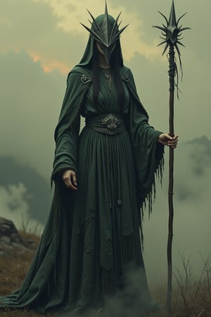 A hauntingly beautiful and conceptual 3D render of a mysterious woman, draped in a long, tattered robe and obscured by an intricately designed triangular metal mask, reminiscent of a pyramid with a sharp point. She holds a long staff adorned with a unique, spiky design at the top. The muted, cloudy sky evokes a foreboding atmosphere, with misty fog in shades of reds and yellows enveloping the scene. This artwork, inspired by Ukiyo-e and Silent Hill horrorcore, captures a sense of unease and intrigue, transporting viewers into a world of mystery and enchantment., 3d render, ukiyo-e, painting, conceptual art