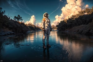 full body photography, reflectice astronaut helmet,  female astronaut with grey orange high tech suit aware pose and with grey orange exploration vehicle in desert planet behind her, sunny, dramatic lighting, film, mutted color pallete, imax, color grading, epic clouds, pentax, (best quality, 8K, ultra-detailed, masterpiece), (cinematic, photorealistic), wide view, eagle view, fisheye lenses,
xxmixgirl,swamp