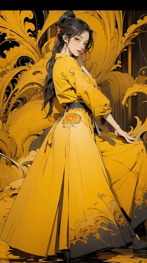 extreme detailed, (masterpiece), (top quality), (best quality), (official art), (beautiful and aesthetic:1.2), (stylish pose), (1 woman), (fractal art:1.3), (colorful), (orange-yellow theme: 1.2), ppcp,long skirt,perfect,ChineseWatercolorPainting