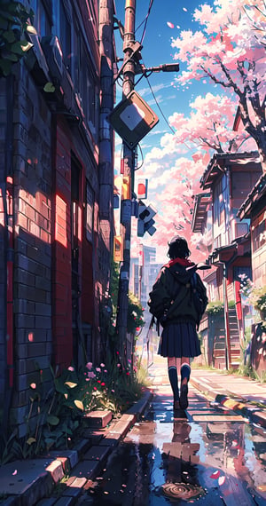 1girl, short hair, skirt, black hair, 1boy, school uniform, standing, jacket, pleated skirt, outdoors, socks, scarf, tree, kneehighs, cherry blossoms, ground vehicle, motor vehicle, walking, sign, car, road, street, road sign, crosswalk