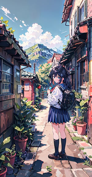 1girl, solo, long hair, looking at viewer, skirt, black hair, dress, school uniform, standing, outdoors, shoes, day, socks, bag, backpack, plant, scenery