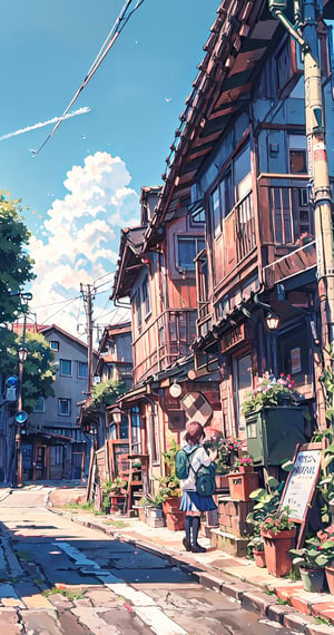 1girl, skirt, brown hair, shirt, 1boy, school uniform, standing, outdoors, sky, shoes, day, socks, bag, from behind, blue skirt, kneehighs, backpack, plant, ground vehicle, building, scenery, motor vehicle, city, sign, facing away, potted plant, road, cityscape, power lines, lamppost, street, utility pole, shop, air conditioner, real world location, storefront
