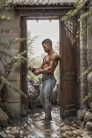 cottage with calm streams on the side, sunny, clear blue sky, young handsome chinese muscular male warrior at the door of the cottage