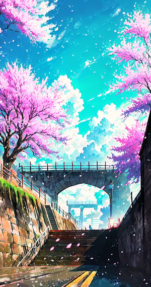 outdoors, sky, cloud, tree, no humans, cherry blossoms, ground vehicle, scenery, smoke, stairs, train, railroad tracks,rayearth,no_humans,pastelbg,yofukashi background,diving_the_water_background,nishikitakouen,Anime ,EpicArt,detailed background