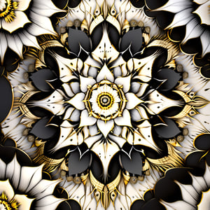 A hauntingly beautiful mandala inspired by peeling bark and decaying flowers. Render the design in a limited palette of black, white, and gold, with intricate fractal patterns emerging from the cracks and crevices