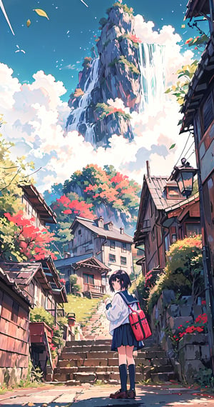 1girl, solo, looking at viewer, short hair, bangs, skirt, shirt, long sleeves, holding, brown eyes, school uniform, standing, pleated skirt, outdoors, sky, shoes, serafuku, day, socks, looking back, cloud, black skirt, sailor collar, water, bag, from behind, black footwear, tree, blue sky, leaf, brown footwear, black socks, loafers, scenery, school bag, brown skirt, white sailor collar, rock, stairs, mountain, autumn leaves, autumn, waterfall