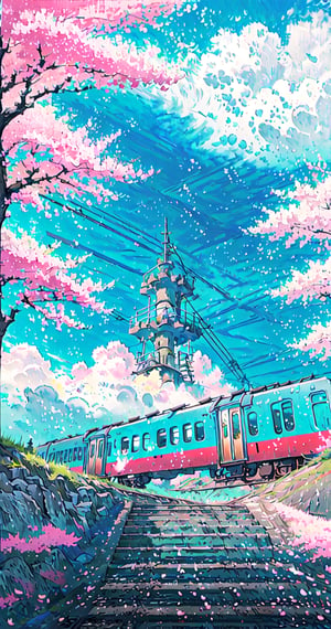 outdoors, sky, cloud, tree, no humans, cherry blossoms, ground vehicle, scenery, smoke, stairs, train, railroad tracks,rayearth,no_humans,pastelbg,yofukashi background,diving_the_water_background