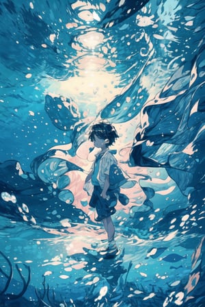  Illustration brings to life the underwater world as a boy elegantly floats in the deep. Influenced by the dreamy realism of Ernst Haeckel, delicate linework captures the intricate details of marine life surrounding the boy. Subdued warm tones enhance the subtlety of the scene, creating a sense of mystery. Soft lighting illuminates the boy's silhouette, conveying a sense of wonder and awe.
a boy, in the sea ,small fish
300 DPI, HD, 8K, Best Perspective, Best Lighting, Best Composition, Good Posture, High Resolution, High Quality, 4K Render, Highly Denoised, Clear distinction between object and body parts, Masterpiece, Beautiful face, 
Beautiful body, smooth skin, glistening skin, highly detailed background, highly detailed clothes, 
highly detailed face, beautiful eyes, beautiful lips, cute, beautiful scenery, gorgeous, beautiful clothes, best lighting, cinematic , great colors, great lighting, masterpiece, Good body posture, proper posture, correct hands, 
correct fingers, right number of fingers, clear image, face expression should be good, clear face expression, correct face , correct face expression, better hand position, realistic hand position, realistic leg position, no leg deformed, 
perfect posture of legs, beautiful legs, perfectly shaped leg, leg position is perfect, ,diving_the_water_background,midjourney