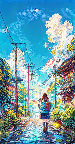 1girl, solo, skirt, brown hair, long sleeves, standing, jacket, boots, outdoors, sky, day, socks, cloud, bag, from behind, scarf, tree, blue sky, kneehighs, brown footwear, backpack, grass, plant, building, scenery, walking, facing away, potted plant, road, house, power lines, utility pole