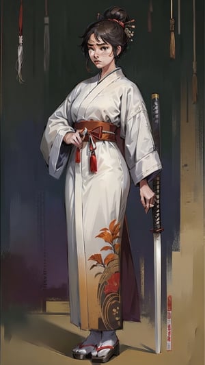 girl, a beautiful japanese female samurai, traditional_japanese_clothes, Japanese background, holding_katana, full-body_portrait,full_body,fully_clothed ,Samurai girl,chung