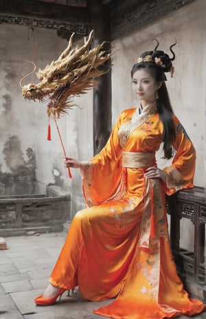 Chinese-style costume, orange costume, holding a folding fan, female boss, long hair, chinese dragon,