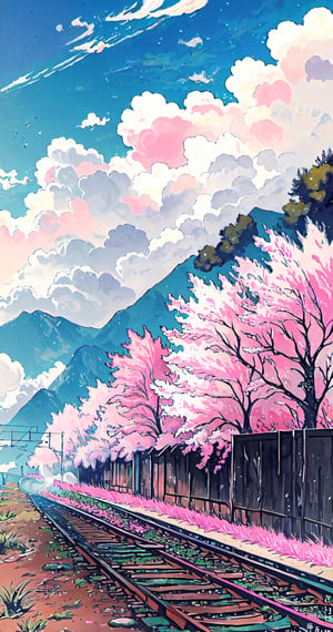 outdoors, sky, cloud, tree, no humans, cherry blossoms, ground vehicle, scenery, smoke, stairs, train, railroad tracks,rayearth,no_humans,pastelbg,yofukashi background,diving_the_water_background,nishikitakouen,Anime ,EpicArt,detailed background