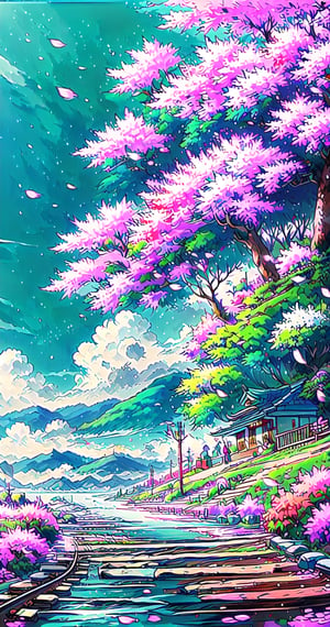 outdoors, sky, cloud, tree, no humans, cherry blossoms, ground vehicle, scenery, smoke, stairs, train, railroad tracks,rayearth,no_humans,pastelbg,yofukashi background,diving_the_water_background,nishikitakouen,Anime ,EpicArt