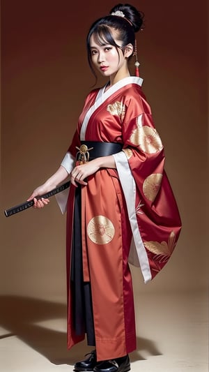 a beautiful japanese female samurai, traditional_japanese_clothes, Japanese background, holding_katana, full-body_portrait,full_body,fully_clothed ,Samurai girl, red_eyes, ,portrait,LinkGirl