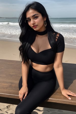 same face , head to toe, round facei, Indian bengali girl, Instagram influencer, black long hair, glossy juicy lips,blue eyes cute, leggins and top, gorgeous breast normal size, 24-year-old girl, wearing formal clothes on a beach, black sunglass sitting on a table

