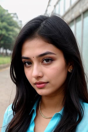 same face , head to toe, round facei, Indian bengali girl, Instagram influencer, black long hair, glossy juicy lips,blue eyes cute, kurti, 18-year-old girl, wearing formal clothes, top class office background, bindi
