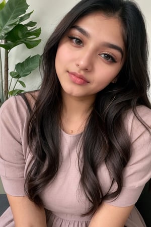 same face aria name girl, head to toe, round face, Indian bengali girl, Instagram influencer, black long hair, glossy juicy lips,blue eyes cute,  18-year-old girl, wearing casual mauve color dress, smiling by looking at camera 