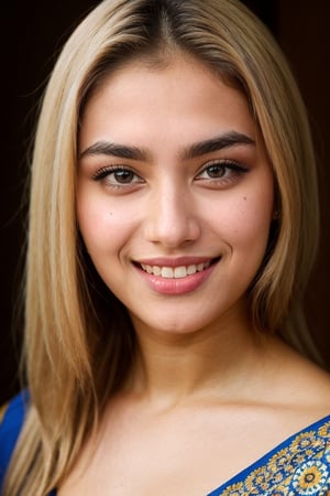 same face , head to toe, round face, Indian muslim girl, blonde hair , cute laughing, Develop a detailed and vibrant character description for a 25-year-old Indian woman, highlighting her inner strength, cultural pride, and unique charm. Emphasize her physical beauty, incorporating elements like expressive eyes, radiant smile, and a sense of confidence. Additionally, explore her interests, passions, or any distinctive features that contribute to her overall allure.
