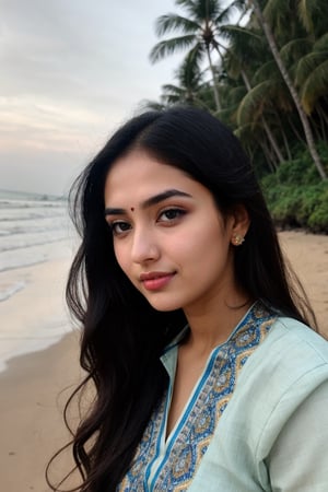 same face , head to toe, round facei, Indian bengali girl, Instagram influencer, black long hair, glossy juicy lips,blue eyes cute, kurti, 24-year-old girl, wearing formal clothes on a beach
