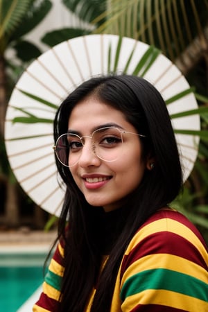 same face , head to toe, round face, Indian muslim girl,black long hair, black goggles on face , cute laughing, Develop a detailed and vibrant character description for a 20-year-old Indian girl, 
