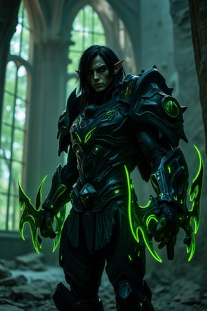 war twin blades : An elf clad in black titanium mecha armor with massive emperor-like shoulders, glowing green neon accents, stands with fight confidently in a dark, broken castle. His black hair contrasts against the vivid neon light reflecting off the twin war blades gripped with arrogance. Soft light filters through shattered windows, casting dramatic shadows across the scene. The metallic gleam of the armor, the cold stone surroundings, and eerie green hue enhance the mood of desolation and dominance., (cyborg, mecha, twin blades),cyborg 