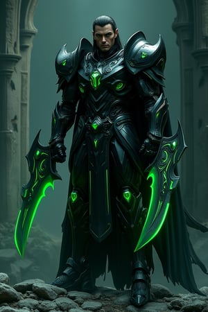  An elf clad in black titanium mecha armor with massive emperor-like shoulders, glowing green neon accents, stands with fight confidently in a dark, broken castle. His black hair contrasts against the vivid neon light reflecting off the twin war blades gripped with got two blades, left side and right side, grip at the center part, The blades are large and exaggerated, with serrated edges on the inner curves. got a unique art pattern in grip sideSoft light filters through shattered windows, casting dramatic shadows across the scene. The metallic gleam of the armor, the cold stone surroundings, and eerie green hue enhance the mood of desolation and dominance., (cyborg, mecha, twin blades),cyborg 