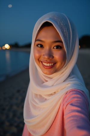 A beautiful asian pretty white skin face a Malay young woman wearing a long hijab white pattern small flora and long pink sweater .lit by a flashlight is taking selfie at the beach.original picture. Hyper details.