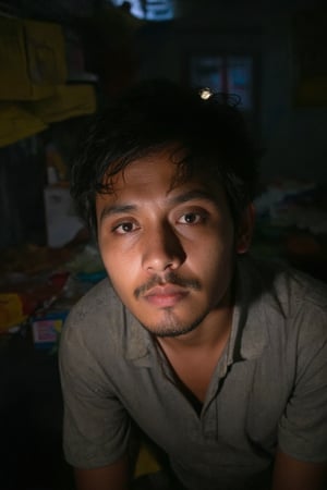 
Close-up shot of a stressed Malay young man's face lit by a falsh light amidst chaos: his messy hair disheveled, worn-out office clothes wrinkled, and worried expression etched with furrowed brows, red-rimmed eyes, and defined jawline. Intricate facial features stand out, including sharp eyebrows, prominent nose, and detailed facial hair. Framing shot at eye-level, capturing the intensity of his gaze amidst cluttered workspace