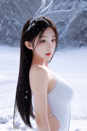 ixture of a beautiful woman and a transparent white scorpion, ((((the upper body is a beauty, the lower body is a ,scorpion))), the background is an extremely cold place, full of ice and snowscene