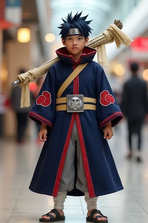 pixar style photography of anime character cosplayer , malay guy age 40, with high contrast and moderate saturation, standing in a front-facing pose. The character wears a large, navy blue cloak adorned with red cloud symbols outlined in white. The cloak features a high collar that covers most of the face, with a crimson red trim running vertically down the center and inside the sleeves. A light beige strap with a metal buckle crosses diagonally over the chest from left shoulder to right hip. The character's face is partially visible, showing a determined expression with slightly furrowed eyebrows, wide eyes, and a slight frown. A silver metallic headband with a reflective plate displaying the Uchiha symbol covers the forehead. The character has spiky dark blue hair styled upwards. Their feet are wrapped in white bandages extending from just below the knees to above the ankles. They wear charcoal gray sandals with white soles, featuring thick tread patterns for grip. A tan staff with a crisscross pattern of lines and a small skull at its tip is held diagonally over their right shoulder. On his back, a large off-white scroll or tapestry with horizontal black stripes is wrapped around the left arm. Inside the cloak, light gray pants are visible. inside mall background, bokeh