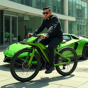 
"Create an illustration featuring a stylish abangkudat macho84, confidently riding a sleek green led Lamborghini e-bike that boasts an aerodynamic design, embodying luxury and elegance. He is dressed in a tailored sport attire, power by lamborgini brand, that enhances his sophisticated appearance. In the background, prominently display the latest Lamborghini car model, same colour as his bike, showcasing its striking lines and cutting-edge design. The setting should reflect a high-end urban environment, possibly featuring modern architecture or a luxury car showroom, to enhance the opulent feel of the scene. Capture the essence of luxury living through details such as the man’s confident posture on the bike, the gleaming finish of both the e-bike and the car, and the overall aesthetic of the illustration, emphasizing a lifestyle of refinement and sophistication."
