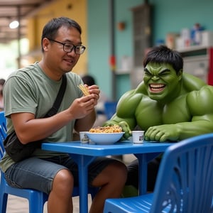 
"Compose a hyper-realistic photograph featuring a real human malay guy, approximately 40 years old, with rectangular glasses, casually wearing a sling bag. He is sitting on a brightbblue plastic chair, enjoying a bowl of beef noodle soup placed on a blue square plastic table. Beside him, include a comic style Hulk character, animated and expressive, also sitting on a similar chair and happily eating the same dish.open space,Capture the vibrant colors and textures of the scene, ensuring the human character's expressions and details are realistic, while the Hulk retains his playful Pixar charm. The background should be simple yet engaging, perhaps a casual dining setting that emphasizes the friendly atmosphere of sharing a meal. Focus on sharp details and lighting that enhance the overall composition, creating a delightful juxtaposition between the real and animated characters." 