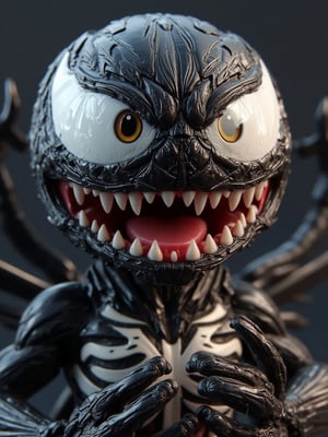 close up look VENOM_REALISTIC-VENOM V1 try to eat cute little labubu