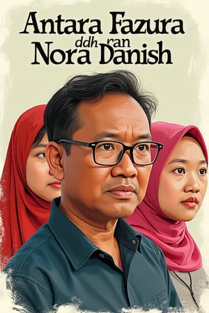 "Design a captivating front page illustration for a novel titled 'Antara Fazura dan Nora Danish.' At the center of the composition, feature a 40-year-old male character with a look of confusion on his face, wearing rectangular glasses that highlight his perplexity. On the left side, depict a Malay girl in a vibrant red hijab, her expression curious as she gazes towards the male character. On the right side, illustrate another Malay girl wearing a pink hijab paired with a grey-white hoodie, her expression one of intrigue, adding depth to the scene. The background should be subtle yet engaging, perhaps incorporating elements that hint at the narrative of the novel. Use bold and stylish typography for the title "Antara Fazura dan Nora Danish"' placing it prominently at the top or bottom of the illustration. Ensure that the overall color palette is harmonious, capturing the essence of the characters and the story."
