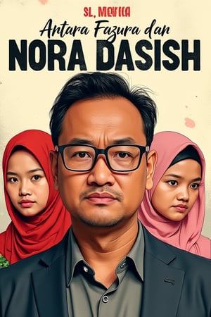 "Design a captivating front page illustration for a novel titled 'Antara Fazura dan Nora Danish.' At the center of the composition, feature a 40-year-old male character with a look of confusion on his face, wearing rectangular glasses that highlight his perplexity. On the left side, depict a Malay girl in a vibrant red hijab, her expression curious as she gazes towards the male character. On the right side, illustrate another Malay girl wearing a pink hijab paired with a grey-white hoodie, her expression one of intrigue, adding depth to the scene. The background should be subtle yet engaging, perhaps incorporating elements that hint at the narrative of the novel. Use bold and stylish typography for the title "Antara Fazura dan Nora Danish"' placing it prominently at the top or bottom of the illustration. Ensure that the overall color palette is harmonious, capturing the essence of the characters and the story."
