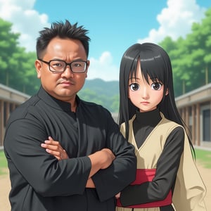 "Create a hyper-realistic photograph featuring a 40-year-old plump tough Malay man, rectangular glasses, standing confidently alongside Hinata Hyuga from the anime 'Naruto.' (anime style} Both characters should be wearing traditional Konoha shinobi attire, showcasing their unique features and styles. The Malay man should embody his distinct characteristics, such as his facial features and hairstyle, while also reflecting Hinata's gentle demeanor and attire. Position them side by side in a dynamic pose that conveys strength and camaraderie, perhaps with their arms crossed or in a ready stance. The background should depict a serene ninja landscape, incorporating elements of the Hidden Leaf Village, such as trees or training grounds. Focus on blending hyper-realistic details with animated elements to create a captivating composition that celebrates both the cultural and fictional aspects. Use vibrant colors and sharp details to enhance the overall impact of the scene."