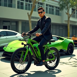 
"Create an illustration featuring a stylish abangkudat macho84, confidently riding a sleek green led Lamborghini e-bike that boasts an aerodynamic design, embodying luxury and elegance. He is dressed in a tailored sport attire, power by lamborgini brand, that enhances his sophisticated appearance. In the background, prominently display the latest Lamborghini car model, same colour as his bike, showcasing its striking lines and cutting-edge design. The setting should reflect a high-end urban environment, possibly featuring modern architecture or a luxury car showroom, to enhance the opulent feel of the scene. Capture the essence of luxury living through details such as the man’s confident posture on the bike, the gleaming finish of both the e-bike and the car, and the overall aesthetic of the illustration, emphasizing a lifestyle of refinement and sophistication."
