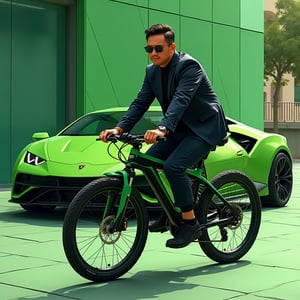 
"Create an illustration featuring a stylish abangmacho84, confidently riding a sleek green led Lamborghini e-bike that boasts an aerodynamic design, embodying luxury and elegance. He is dressed in a tailored sport attire, power by lamborgini brand, that enhances his sophisticated appearance. In the background, prominently display the latest Lamborghini car model, same colour as his bike, showcasing its striking lines and cutting-edge design. The setting should reflect a high-end urban environment, possibly featuring modern architecture or a luxury car showroom, to enhance the opulent feel of the scene. Capture the essence of luxury living through details such as the man’s confident posture on the bike, the gleaming finish of both the e-bike and the car, and the overall aesthetic of the illustration, emphasizing a lifestyle of refinement and sophistication."
