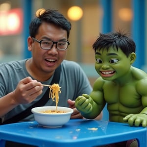 
"Compose a hyper-realistic photograph featuring a real human malay guy, approximately 40 years old, with rectangular glasses, casually wearing a sling bag. He is sitting on a briighr blue plastic chair, enjoying a bowl of beef noodle soup placed on a blue square plastic table. Beside him, include a Pixar-style Hulk character, animated and expressive, also sitting on a similar chair and happily eating the same dish. Capture the vibrant colors and textures of the scene, ensuring the human character's expressions and details are realistic, while the Hulk retains his playful Pixar charm. The background should be simple yet engaging, perhaps a casual dining setting that emphasizes the friendly atmosphere of sharing a meal. Focus on sharp details and lighting that enhance the overall composition, creating a delightful juxtaposition between the real and animated characters." 