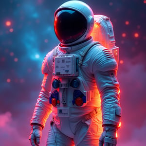 standing elegantly. space suit, Google, vibrant colour, galactic background