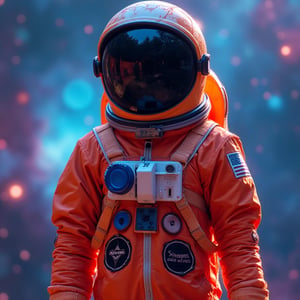 standing elegantly. wear space suit, vibrant colour, galactic background